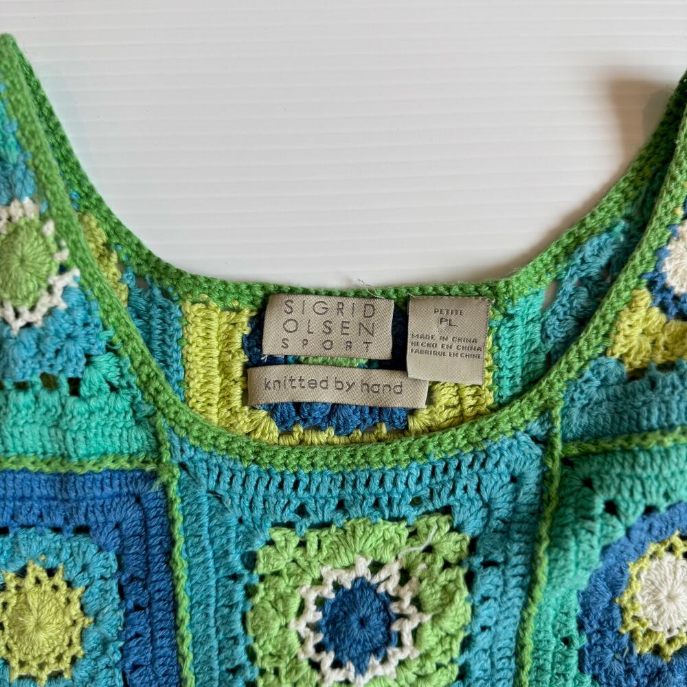 Sigrid Olsen Crochet Tank Top L Granny Square Boho Linen Cotton Cropped Petite - Picture 2 of 12